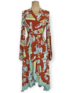 FINAL SALE - Cinnamon New York City Souvenir Print Faux Ruffle Wrap Barcelona Skirt