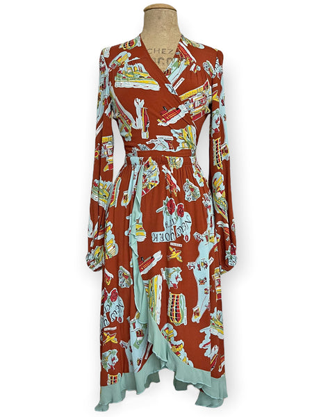 FINAL SALE - Cinnamon New York City Souvenir Print Faux Ruffle Wrap Barcelona Skirt