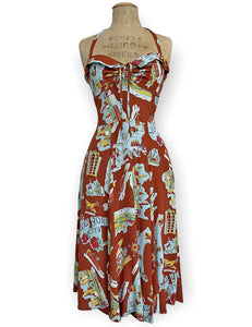 Cinnamon New York City Souvenir Map Print 1940s Marta Halter Swing Dress