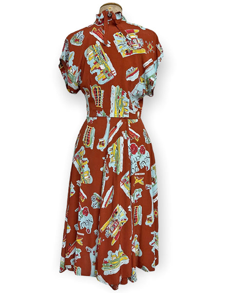 Cinnamon New York City Souvenir Map Print 1940s Marta Halter Swing Dress