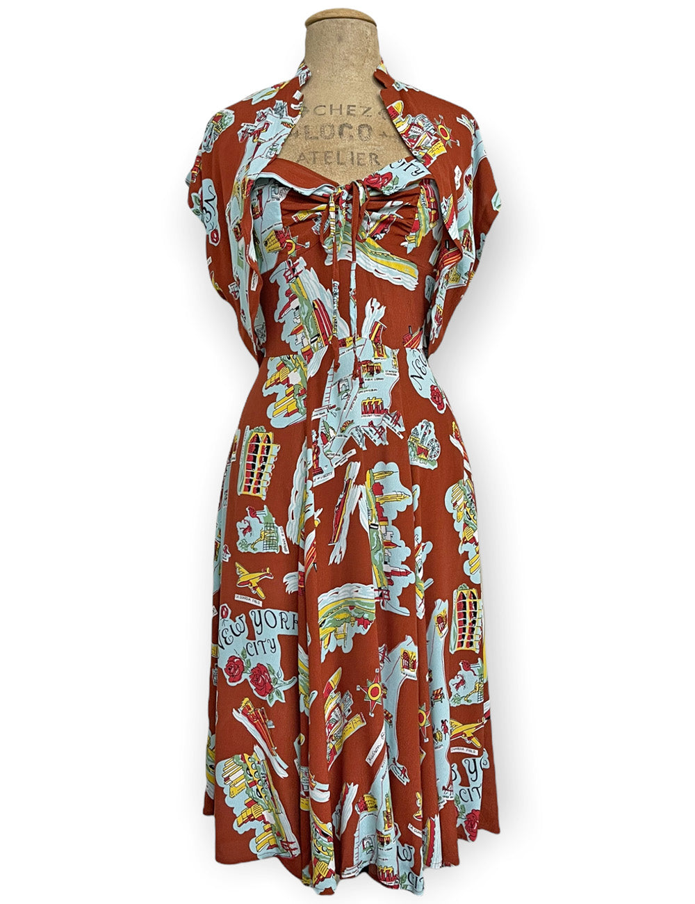 Cinnamon New York City Souvenir Map Print 1940s Marta Halter Swing Dress