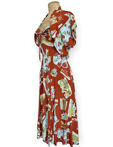 Cinnamon New York City Souvenir Map Print 1940s Marta Halter Swing Dress