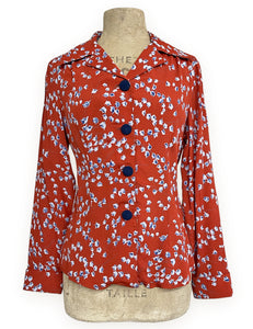 Cinnamon Bluebell Floral 1940s Button Up Hepburn Blouse