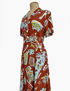 Cinnamon New York City Souvenir Print 1940s Vintage Day Dress
