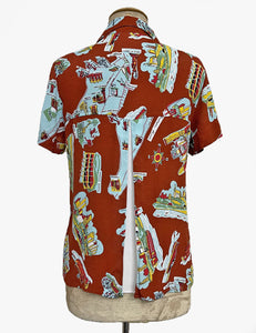 Cinnamon New York City Souvenir Print Button Up Boyfriend Camp Shirt