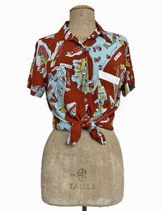 Cinnamon New York City Souvenir Print Button Up Boyfriend Camp Shirt