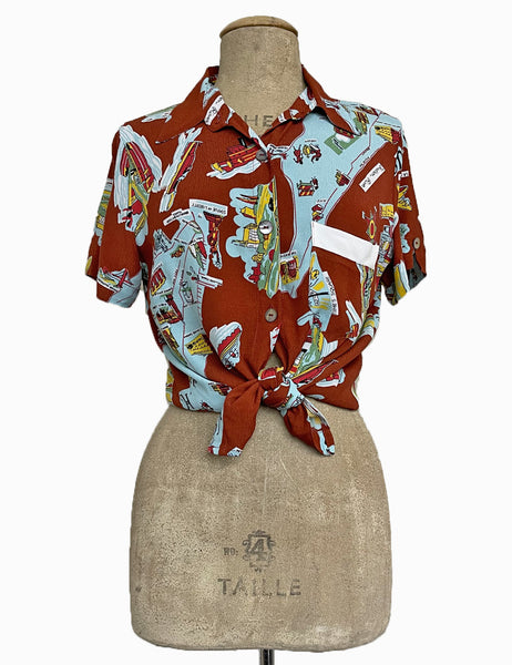 Cinnamon New York City Souvenir Print Button Up Boyfriend Camp Shirt
