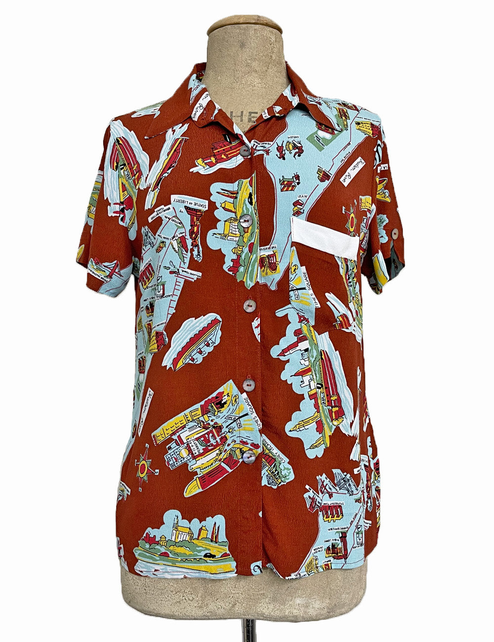 Cinnamon New York City Souvenir Print Button Up Boyfriend Camp Shirt