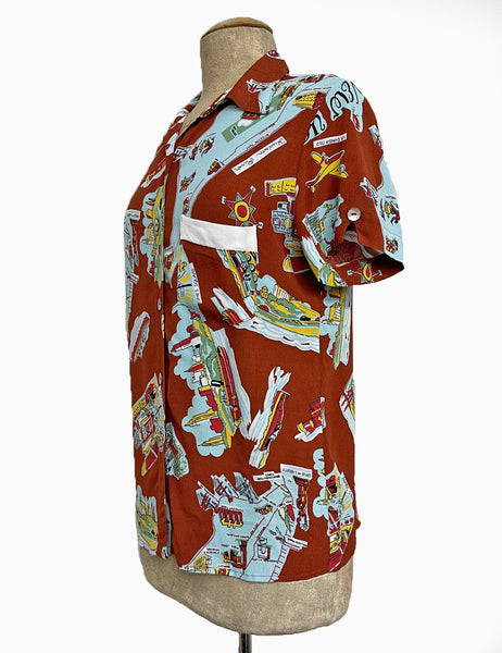 Cinnamon New York City Souvenir Print Button Up Boyfriend Camp Shirt