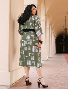 Doris Mayday for Loco Lindo - Green City Blocks 1940s Belted Manhattan Dress