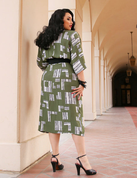 Doris Mayday for Loco Lindo - Green City Blocks 1940s Belted Manhattan Dress
