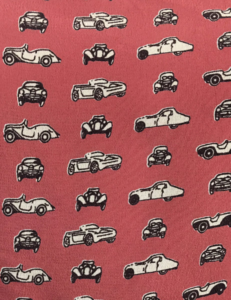 Terracotta Red Classic Cars Print Button Up Short Sleeve Camp Shirt
