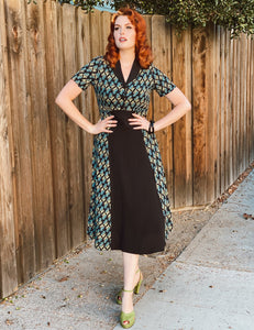 Nouveau Floral Short Sleeve Tea Length 1940s Contrast Day Dress