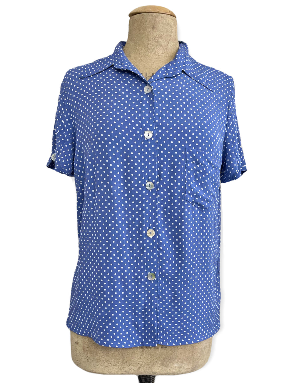 FINAL SALE - Cornflower Blue Polka Dot Button Up Boyfriend Camp Shirt