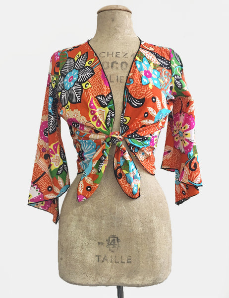 Colorful Boho Floral Cotton Angel Wing Crop Tie Top - FINAL SALE