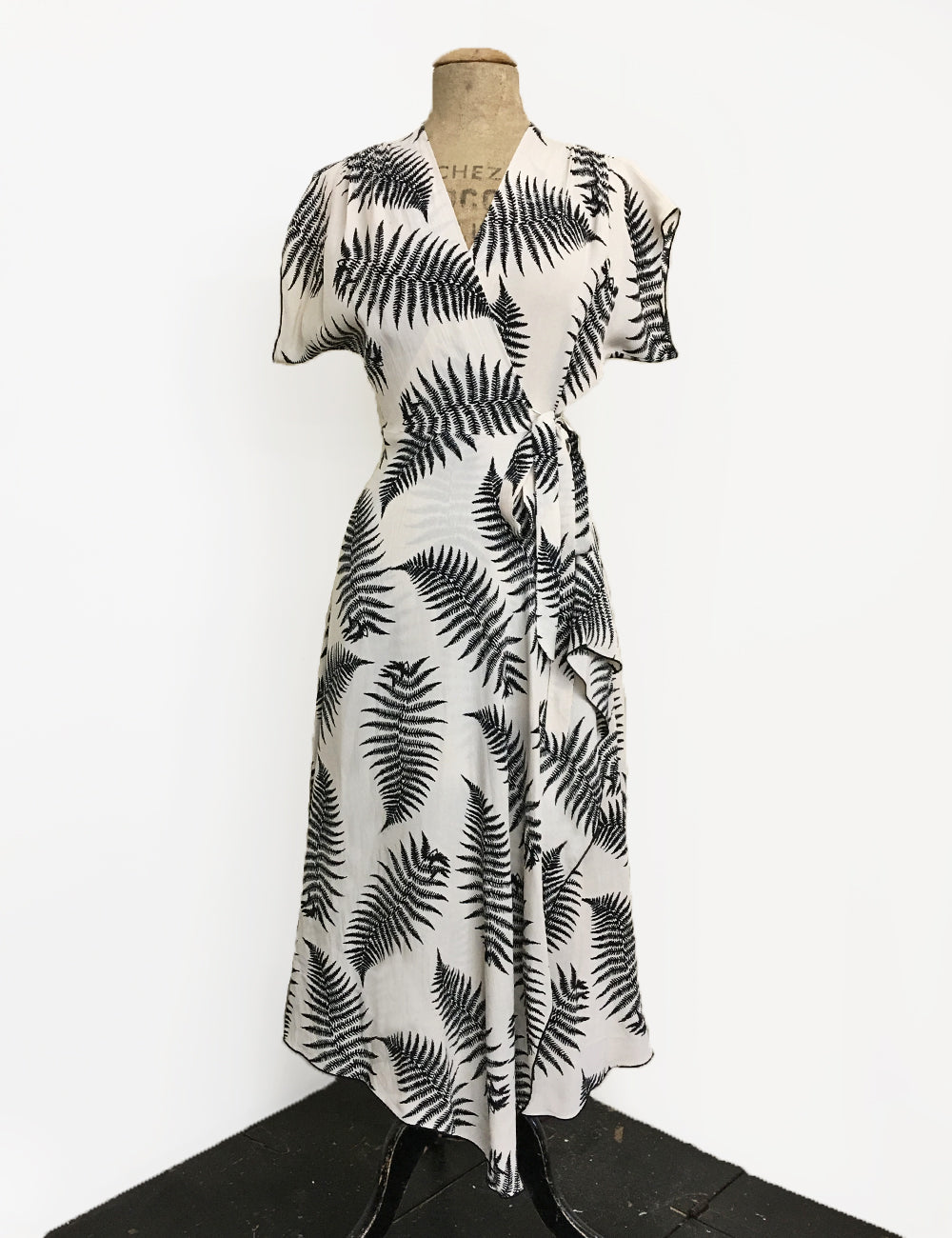 Ivory & Black Large Fern Print Cascade Wrap Dress