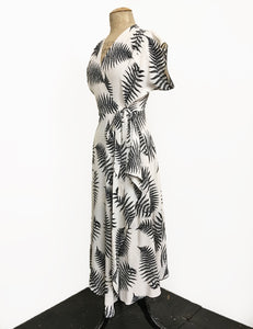 Ivory & Black Large Fern Print Cascade Wrap Dress