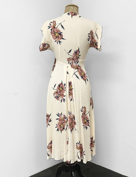 1940s Style Ivory Cream Dogwood Floral Tea Length Cascade Wrap Dress