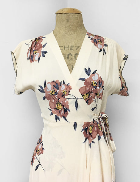 1940s Style Ivory Cream Dogwood Floral Tea Length Cascade Wrap Dress
