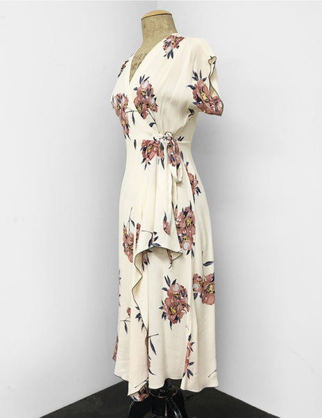 1940s Style Ivory Cream Dogwood Floral Tea Length Cascade Wrap Dress