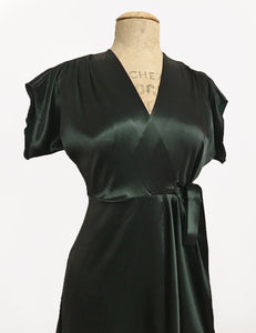 Dark Emerald Green Satin Cascade Wrap Dress