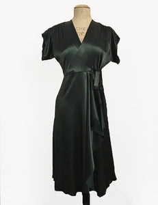 Dark Emerald Green Satin Cascade Wrap Dress