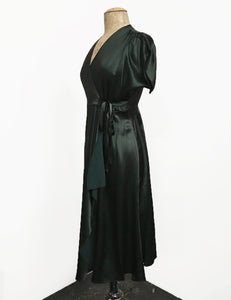 Dark Emerald Green Satin Cascade Wrap Dress
