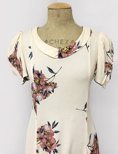 Demure Ivory Dogwood Floral Print 1930s Venice Beach Balboa Swing Dress