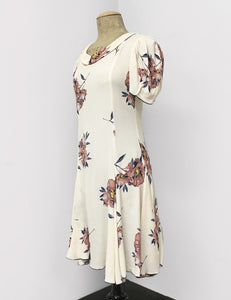Demure Ivory Dogwood Floral Print 1930s Venice Beach Balboa Swing Dress