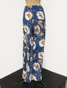 Denim Blue Vintage Western Print 1940s Style High Waisted Palazzo Pants