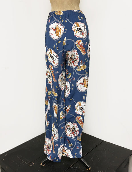 Denim Blue Vintage Western Print 1940s Style High Waisted Palazzo Pants