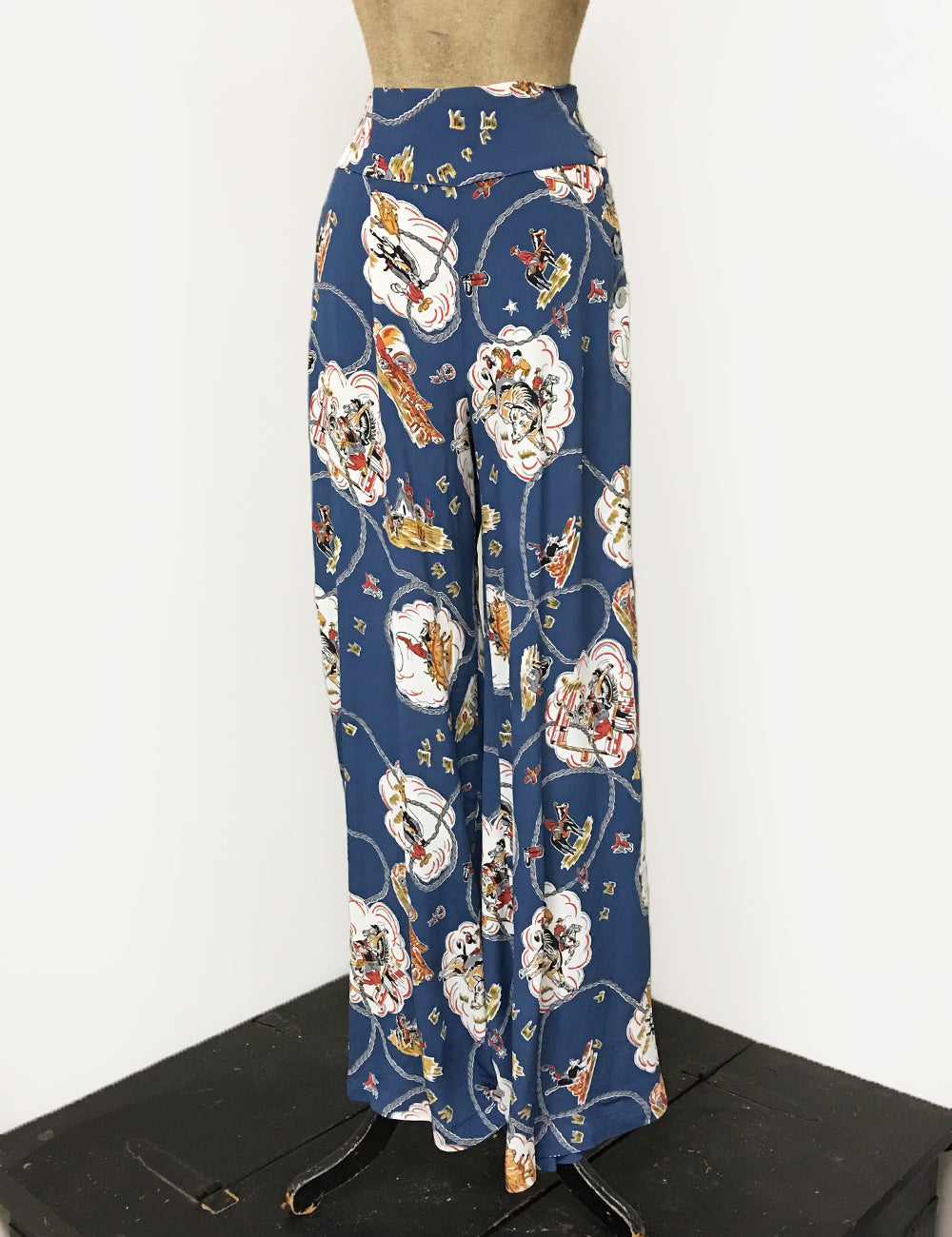 Denim Blue Vintage Western Print 1940s Style High Waisted Palazzo Pants
