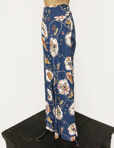 Denim Blue Vintage Western Print 1940s Style High Waisted Palazzo Pants