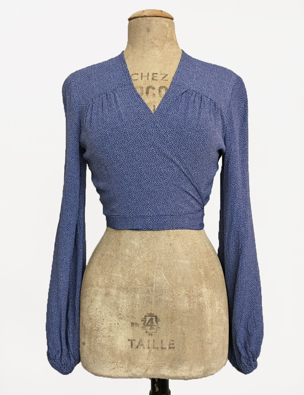 Denim Blue Pixie Dot Vintage Inspired Babaloo Wrap Top