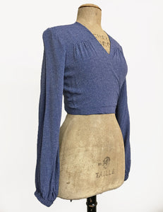 Denim Blue Pixie Dot Vintage Inspired Babaloo Wrap Top