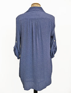 Denim Blue Pixie Dot Button Up Collared Hi-Low Blouse