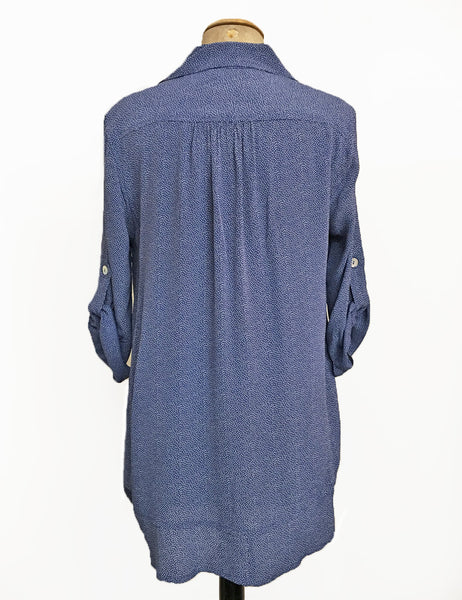 Denim Blue Pixie Dot Button Up Collared Hi-Low Blouse