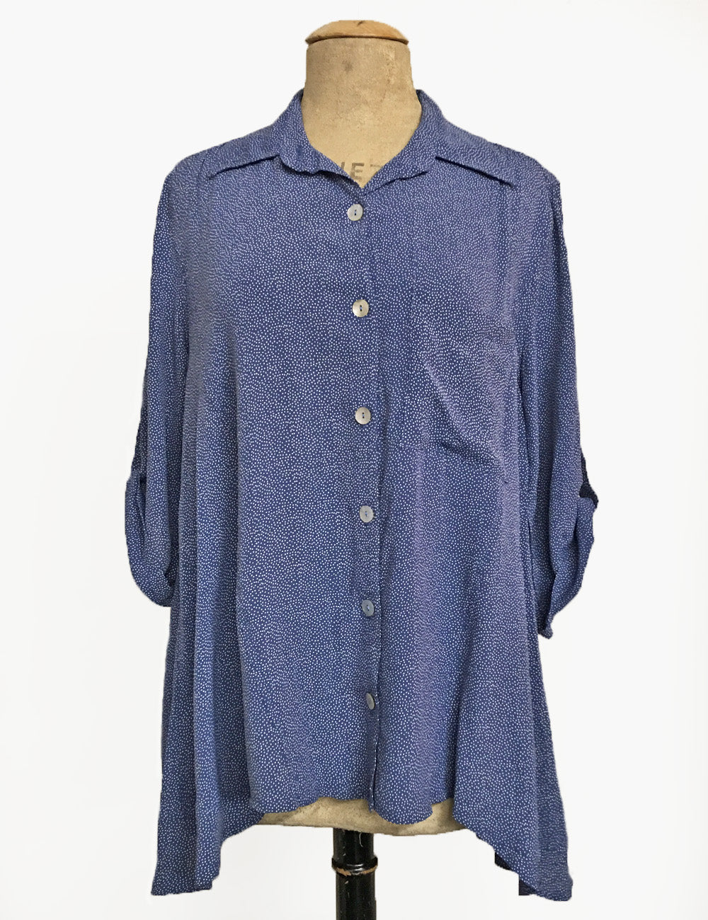 Denim Blue Pixie Dot Button Up Collared Hi-Low Blouse