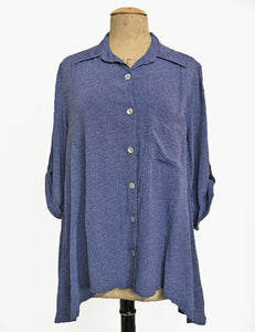 Denim Blue Pixie Dot Button Up Collared Hi-Low Blouse