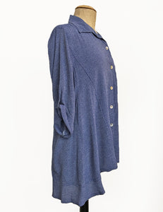 Denim Blue Pixie Dot Button Up Collared Hi-Low Blouse