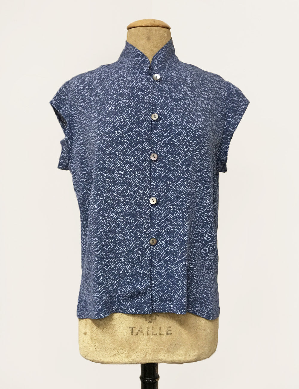 Denim Blue Pixie Dot 1930s Tea Timer Button Up Blouse