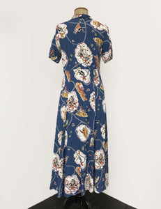 Denim Blue Vintage Western Print Short Sleeve Tea Length 1940s Day Dress