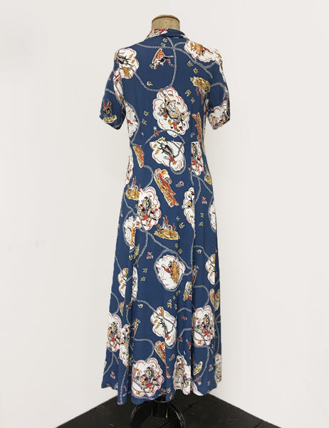 Denim Blue Vintage Western Print Short Sleeve Tea Length 1940s Day Dress
