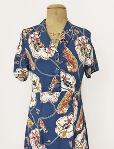 Denim Blue Vintage Western Print Short Sleeve Tea Length 1940s Day Dress