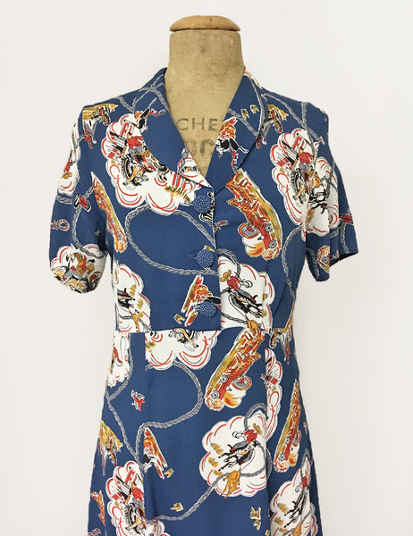 Denim Blue Vintage Western Print Short Sleeve Tea Length 1940s Day Dress