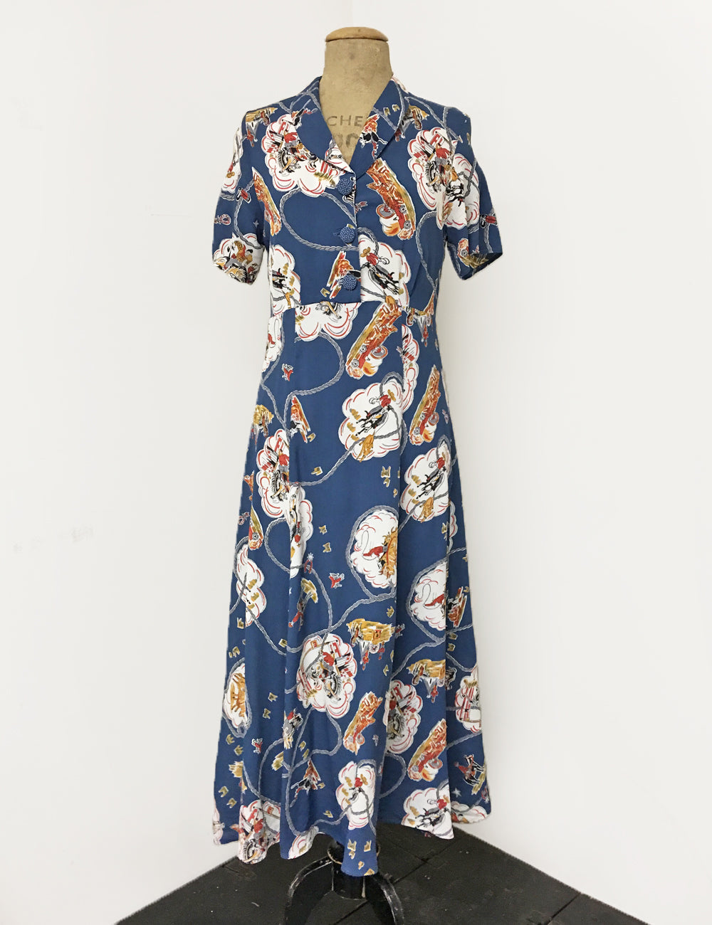 Denim Blue Vintage Western Print Short Sleeve Tea Length 1940s Day Dress