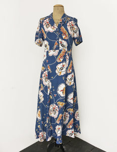 Denim Blue Vintage Western Print Short Sleeve Tea Length 1940s Day Dress