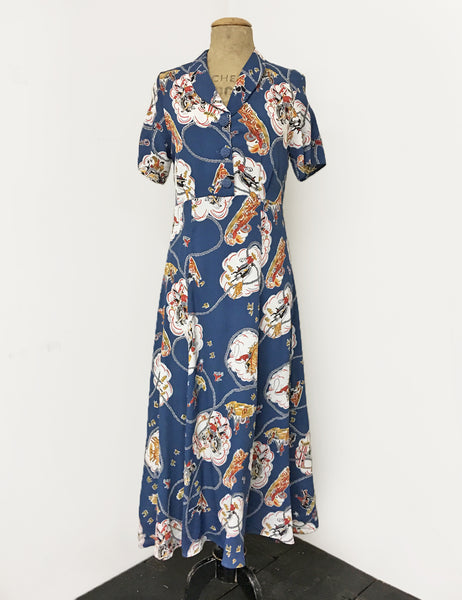 Denim Blue Vintage Western Print Short Sleeve Tea Length 1940s Day Dress