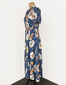 Denim Blue Vintage Western Print Short Sleeve Tea Length 1940s Day Dress