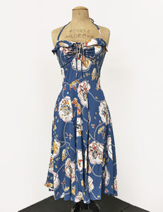 Denim Blue Vintage Western Print 1940s Inspired Marta Halter Swing Dress